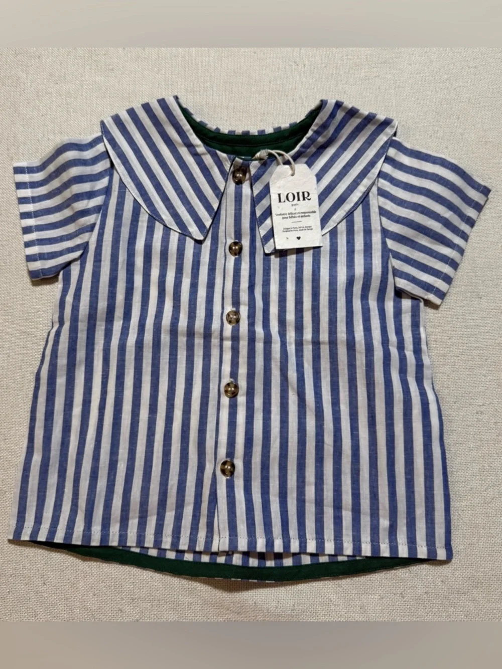 Loir Lorette Cotton Linen‎ Blue & White Striped Button Down Top Baby 12 Months
